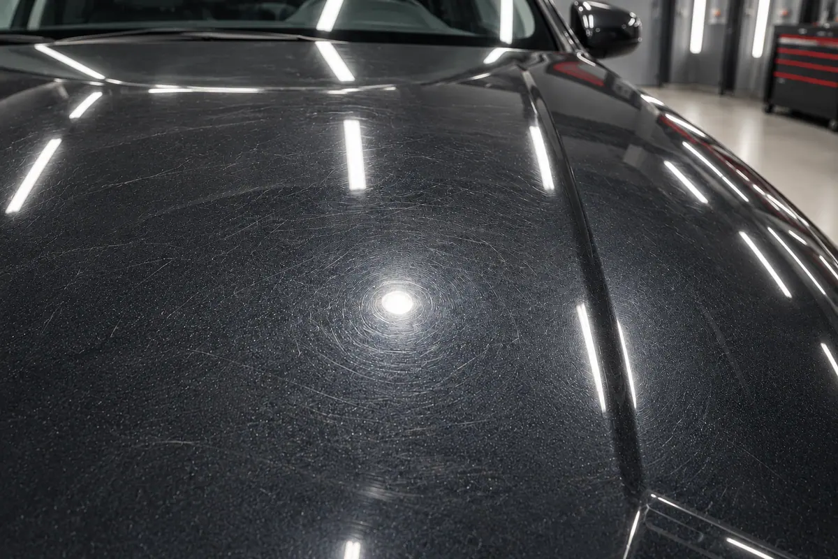 Capó de un coche oscuro con swirls y micro arañazos circulares visibles bajo los focos del taller, antes del pulido 3 en 1