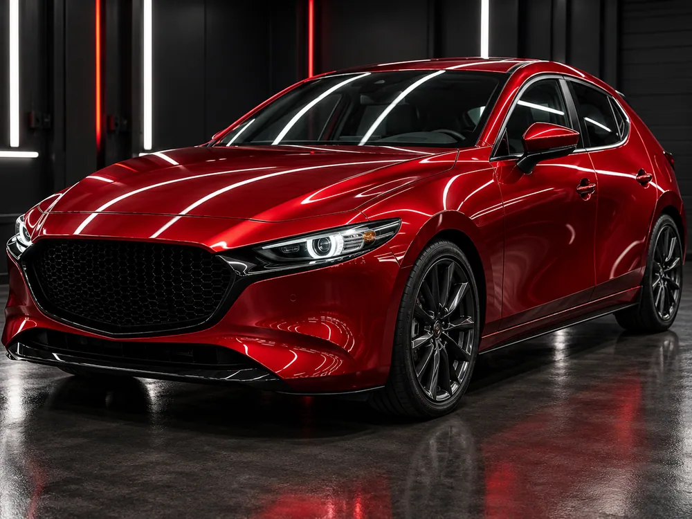 Coche rojo con pintura brillante y reflejos nítidos en un estudio oscuro