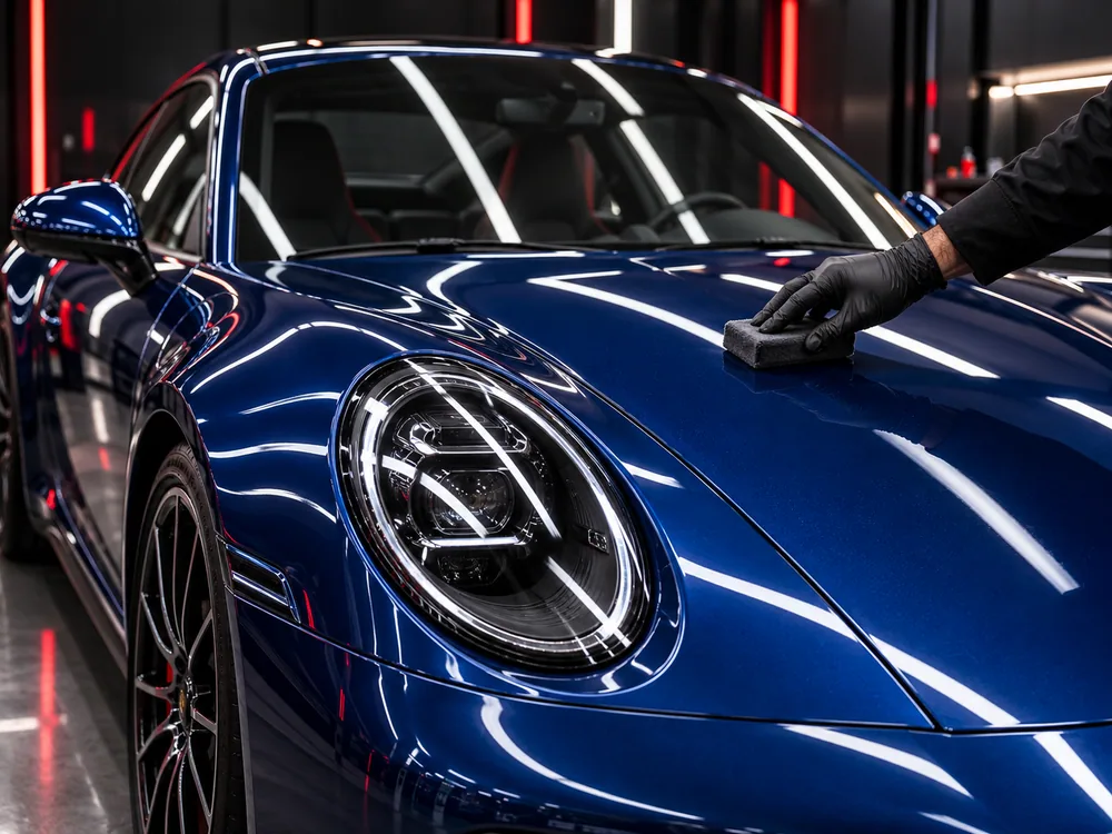 Mano con guante negro aplicando el tratamiento cerámico sobre el capó de un coche azul brillante