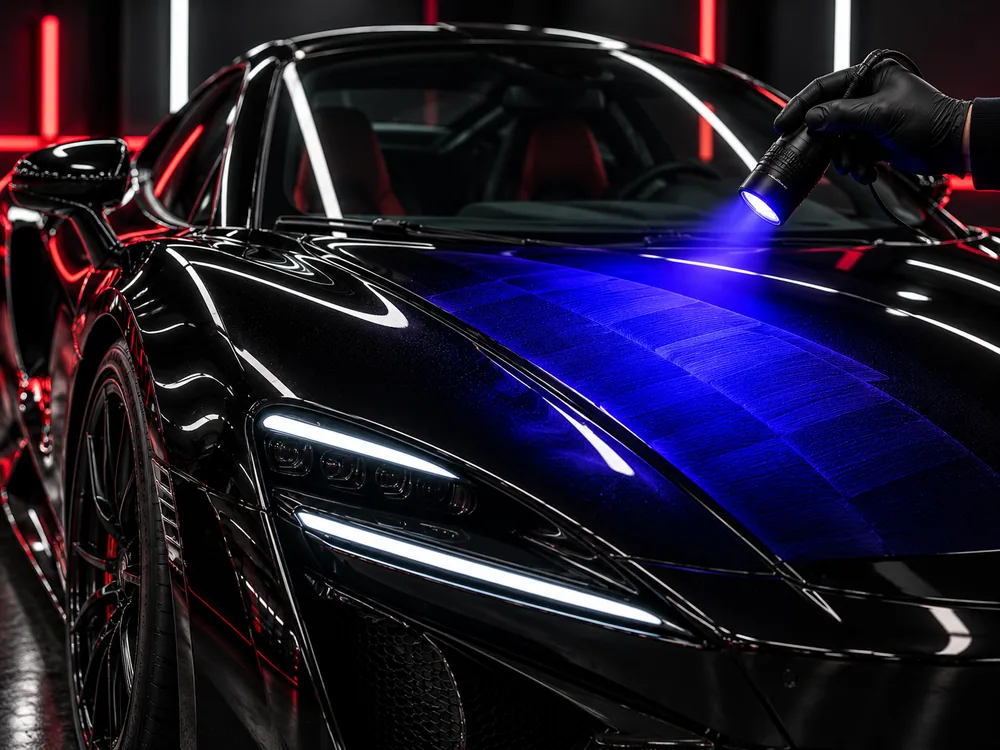 Mano con guante negro iluminando con una luz UV el capó de un coche negro brillante para visualizar la cobertura del tratamiento
