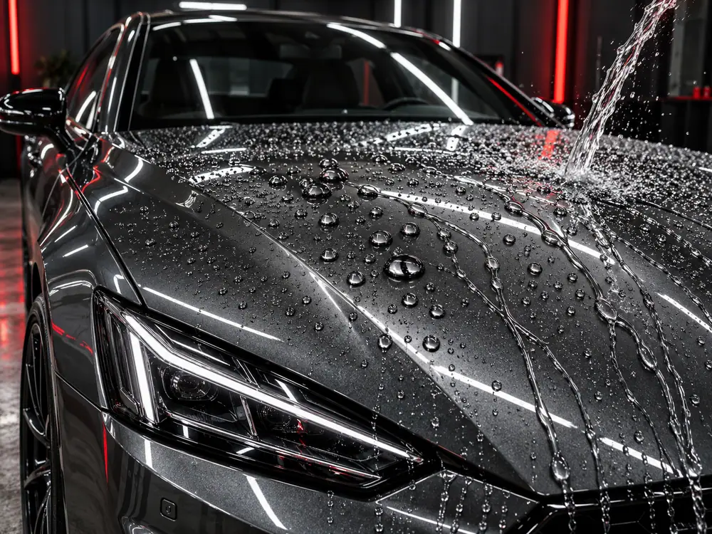 Gotas de agua perladas y agua resbalando por el capó de un coche gris oscuro con tratamiento cerámico