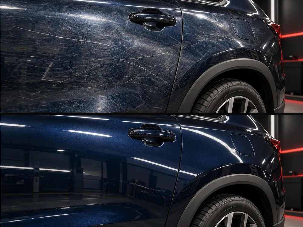 Lateral de un SUV azul oscuro: arriba, con numerosos arañazos superficiales; abajo, la misma zona tras el pulido en dos pasos, con reflejos definidos