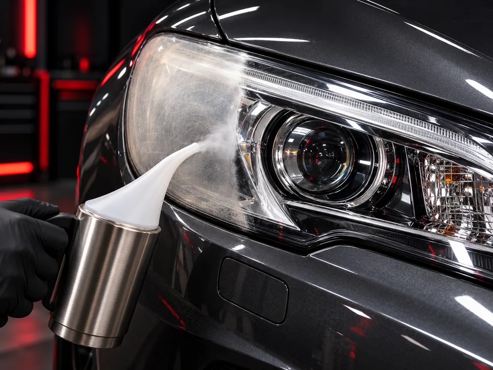 Faro de coche con la mitad izquierda opaca y rayada y la mitad derecha restaurada y transparente, mientras se aplica vapor con una herramienta