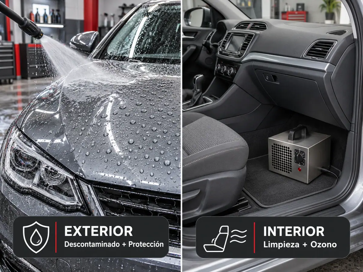 Imagen doble de Descontaminado. A la izquierda, Exterior: descontaminado y protección, con agua a presión sobre el capó de un coche gris cubierto de gotas. A la derecha, Interior: limpieza y ozono, con un generador de ozono en la moqueta del interior de un coche