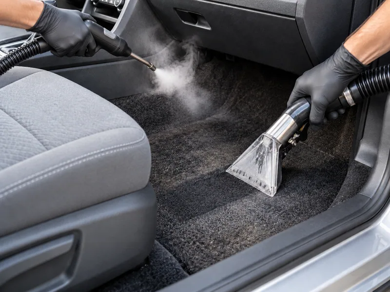 Limpieza profunda de la moqueta de un coche con inyección-extracción y vapor