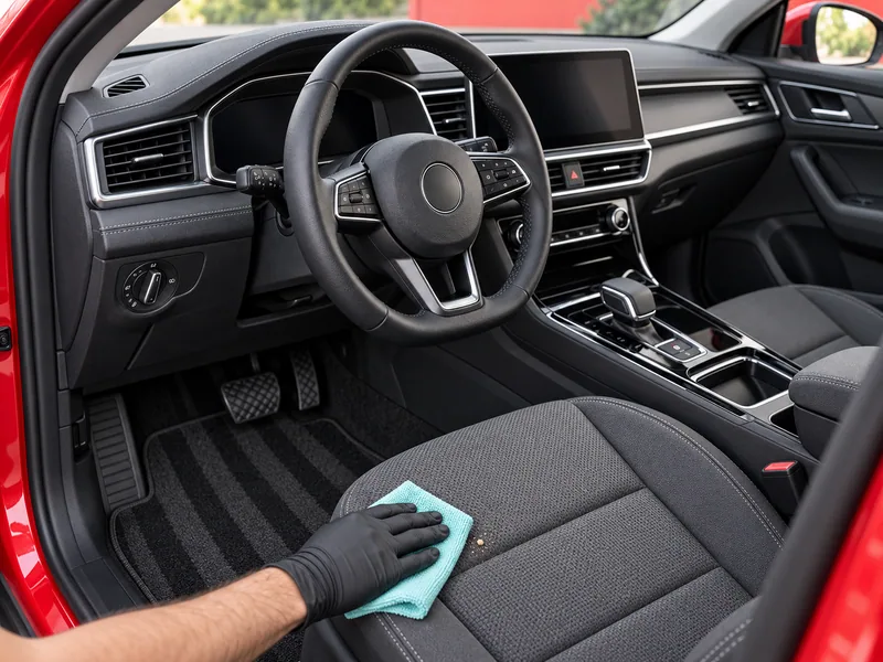 Detalle Premium: volante de coche desengrasado con acabado mate y pantalla central limpia