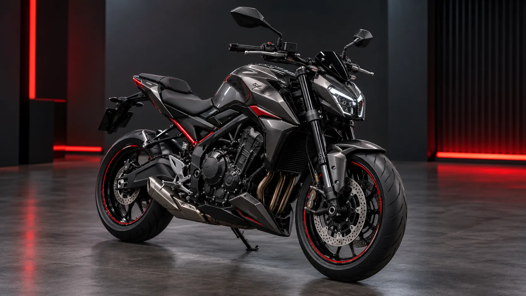 Moto naked gris oscuro y negra con detalles rojos, limpia y brillante, en un estudio oscuro con luces rojas